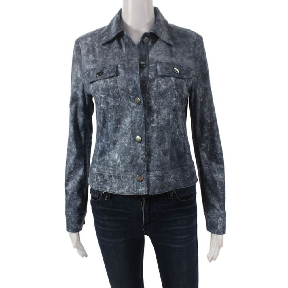 Insight Womens Blue Geometric Jacket Button Polyester Spandex Size 14